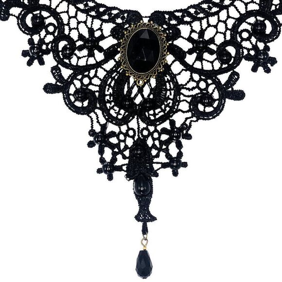 New Victorian Gothic Black Lace Choker Necklace with Gemstone Centerpiece - Picture 9 of 9